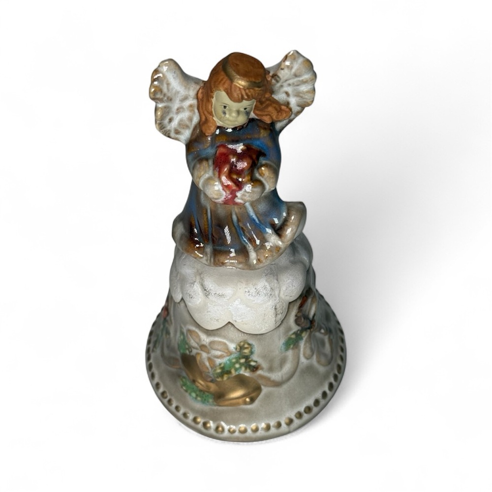 Vintage Ceramic Angel Bell Figurine w/ Gold Trim & Holly Detail